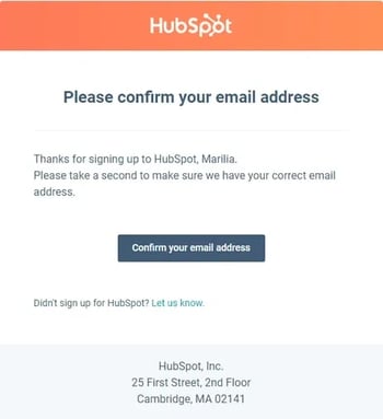 An email onboarding letter from Hubspot asking customers to confirm their email addresses