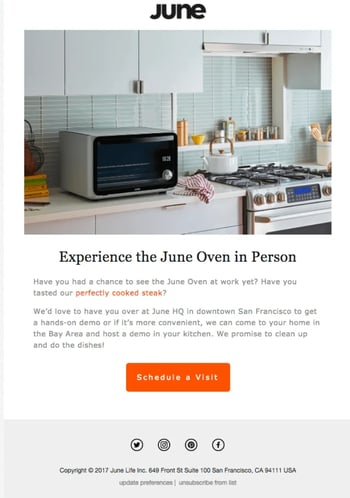 An email onboarding letter from June asking customers to register for a demo