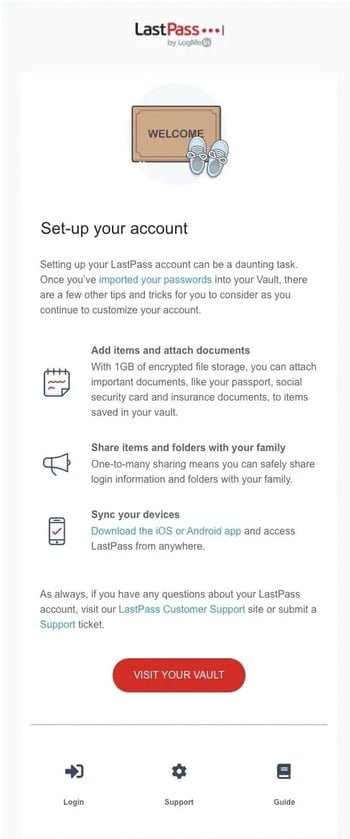 A sample email from Lastpass showing users how to complete setting up their account