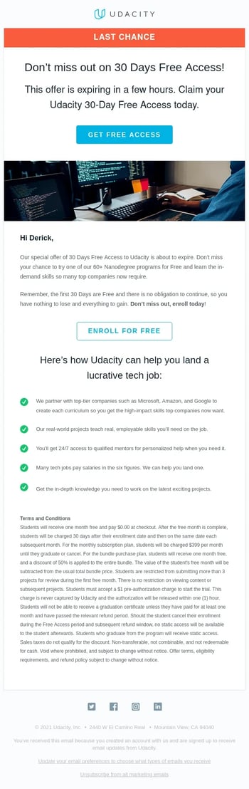 An email onboarding letter showing how to entice customers with offers from Udacity