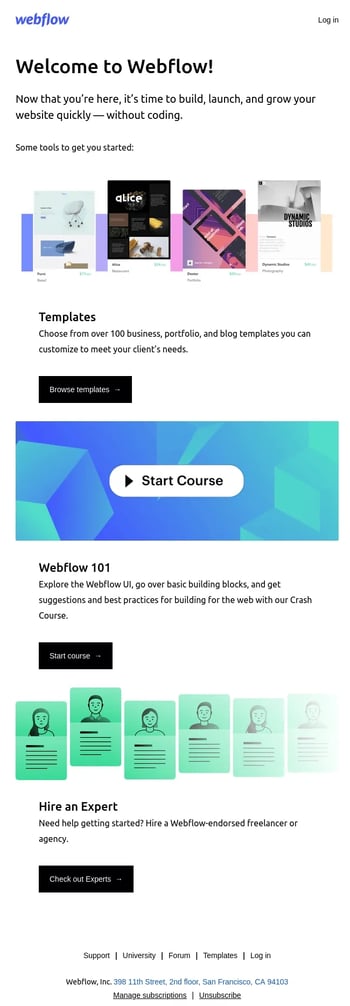 An email onboarding letter from Webflow