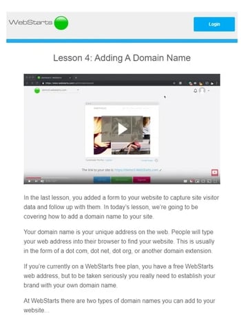 An email onboarding letter from WebStarts with information on how to use the software