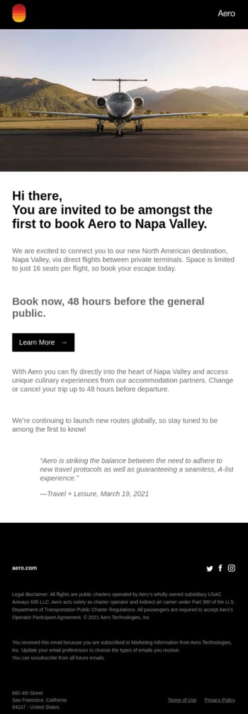An email onboarding letter from Aero showing how to invite users to try your new feature or product offering