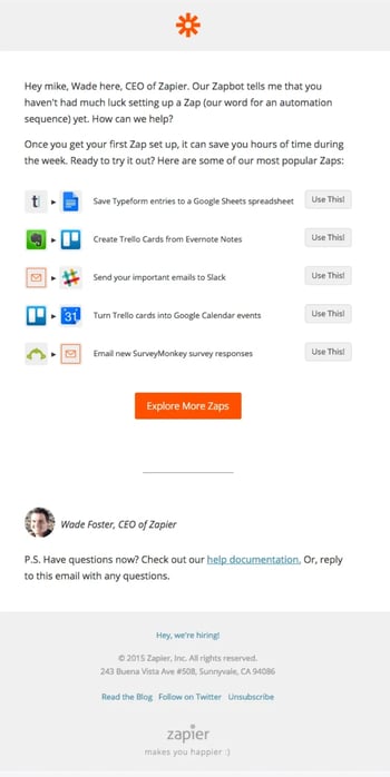 A sample email onboarding letter from Zapier with details on how customers can troubleshoot problems on the software