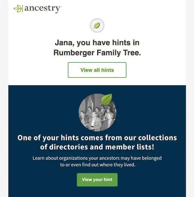 Email personalization example: Ancestry