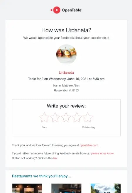 Email personalization example: OpenTable