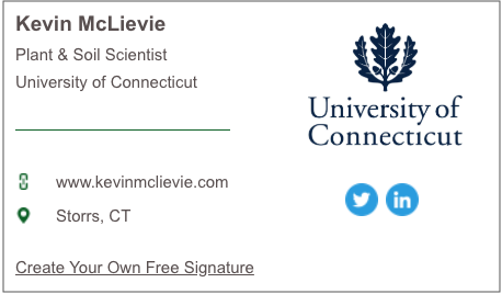 firma de correo electrónico para Kevin McLievie de la Universidad de Connecticut generada con el Generador de firma de correo electrónico de HubSpot