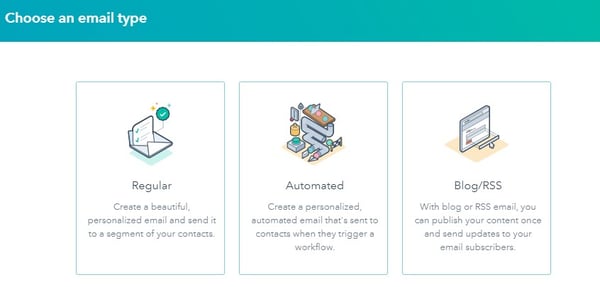 "choose an email type" prompt in hubspot with options: regular, automated, blog/rss