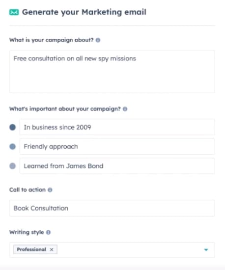 Input selection for HubSpot's Campaign Assistant tool