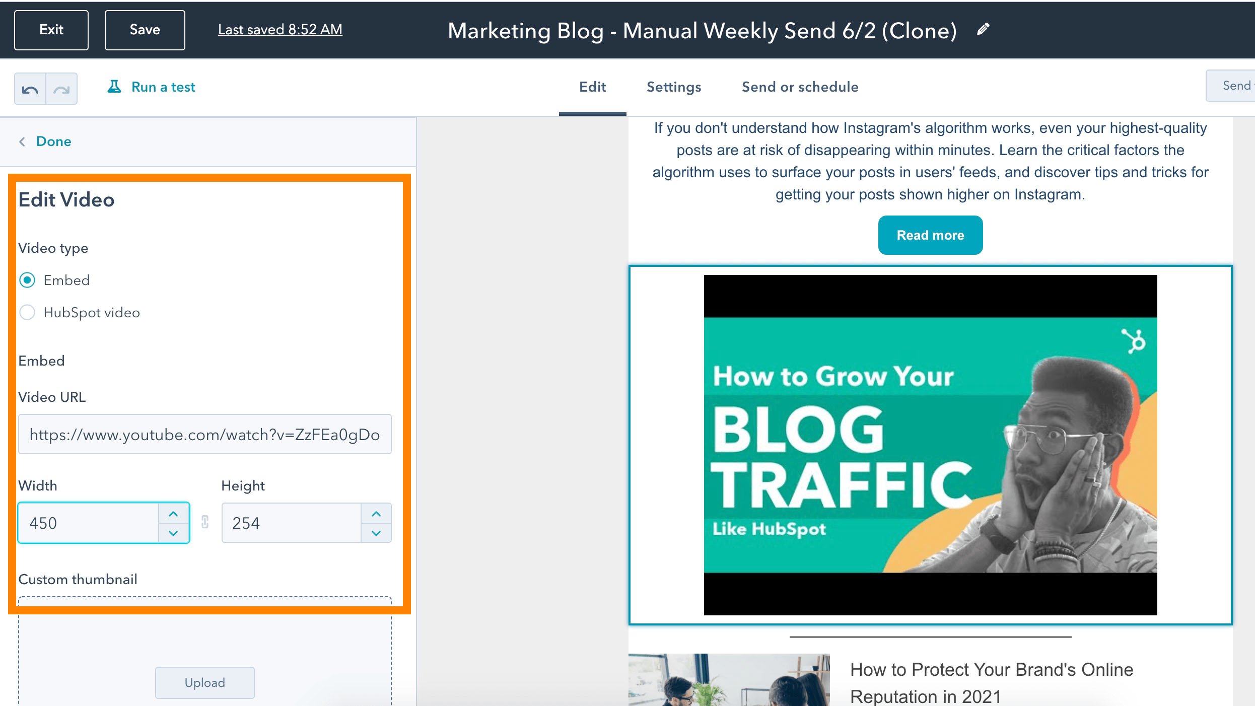 How to embed a video in an email, editing video through HubSpot email tool.