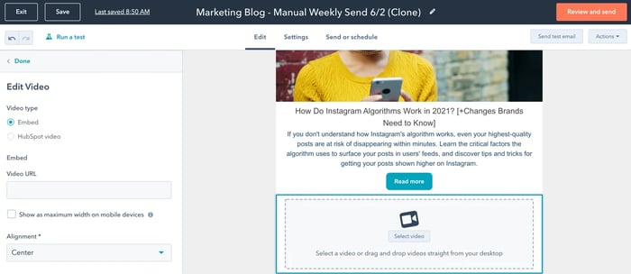 How to embed a video in an email, using URL or uploaded video in HubSpot email tool video hubspot select