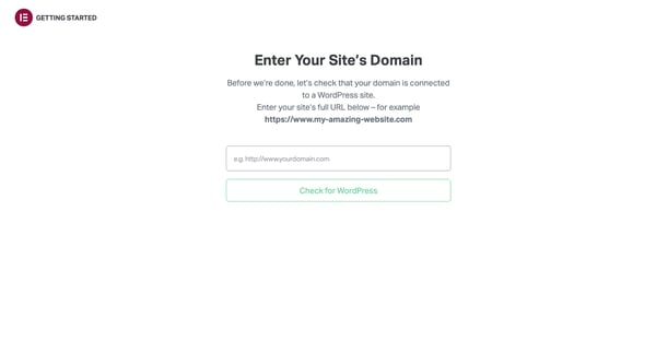 Assistant d'installation Elementor invitant les utilisateurs à saisir le domaine de leur site Web pour vérifier s'il est hébergé sur WordPress
