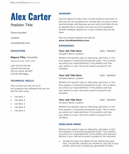Resume templates, Word, Entry-level