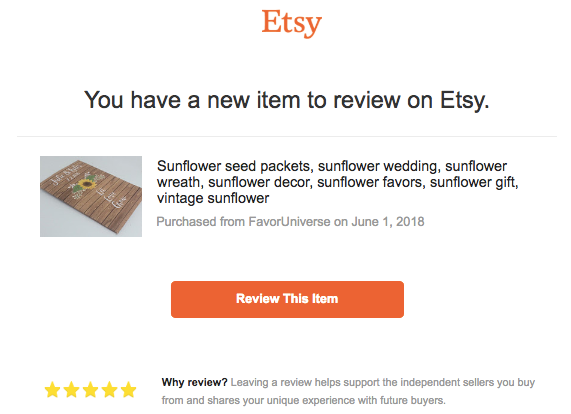 email from etsy asking for review on product