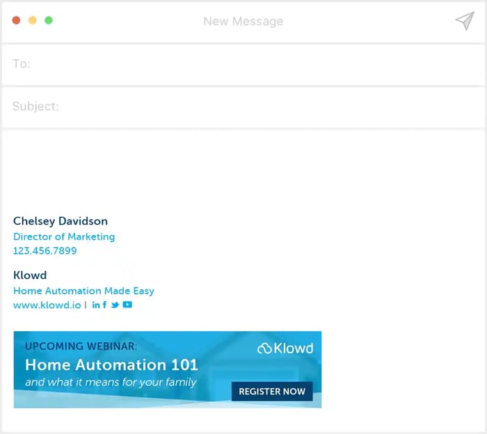 Email signature example by Chelsea Davidson with webinar promotion