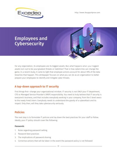 excedo whitepaper example: first page that reads "employees and cyber security" and an introduction to the topic