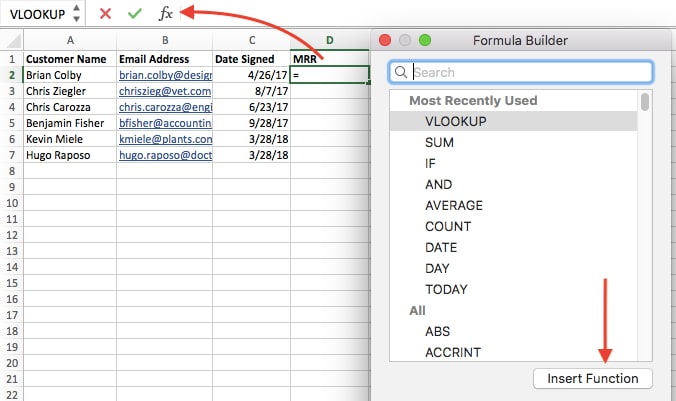 Excel formula builder with VLOOKUP function highlighted