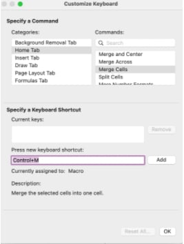 shortcut key for merging cells in excel