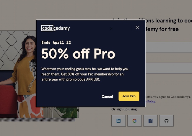 Exit intent popup example: Codeacademy