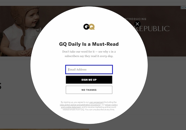 Exit intent popup example: GQ
