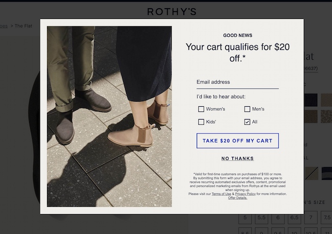 Exit intent popup example: Rothy’s