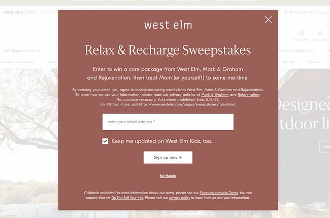 Exit intent popup example: West Elm
