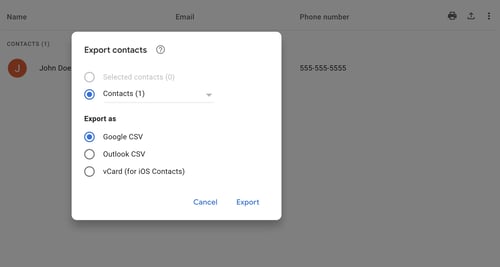 exporting csv files on google contacts