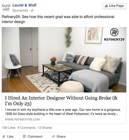 Facebook Ad with single image on a desktop news feed