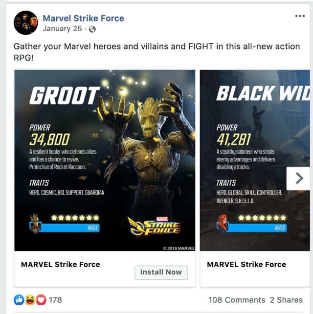 Marvel Strike Force playing card carousel on Facebook