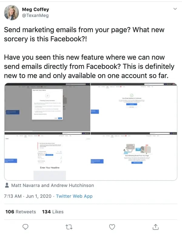 social media manager shares facebook email marketing tool discovery on Twitter