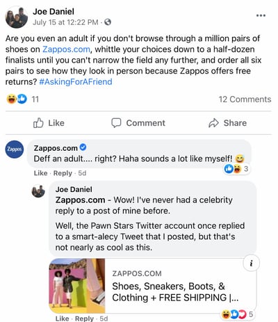 Facebook Page post from Zappos' FB Page