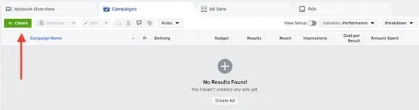 Facebook Ad Manager - Create a New Ad Button