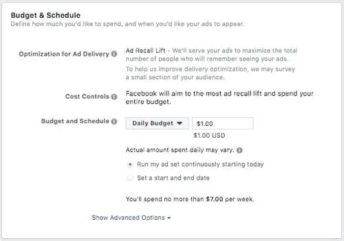 facebook ad budget and schedule page