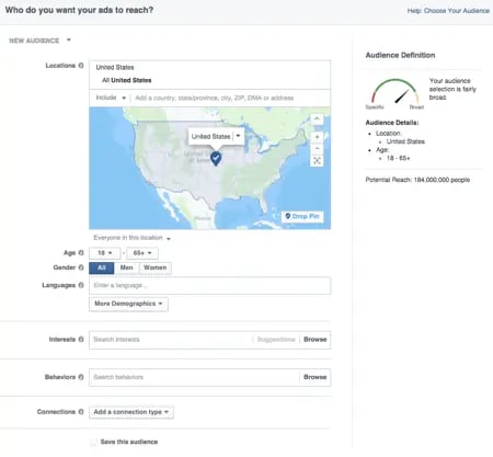 Facebook Ad Manager Audience Creation Page