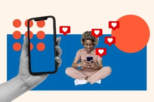 Business Facebook post ideas graphic with a person looking at Facebook posts on their phone, heart bubbles for likes, and a hand holding a mobile phone.