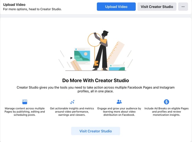 Facebook Creator Studio with a blue button that says "Upload Video"