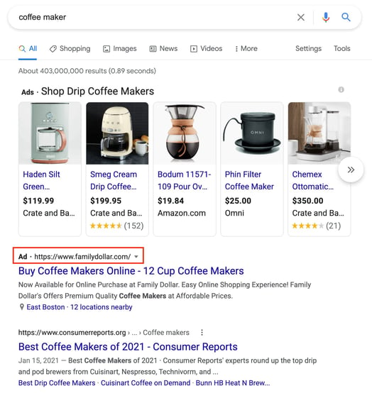search engine result page for the query of coffee maker