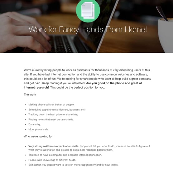 work from home customer service job:  fancyhands remote virtual assistant