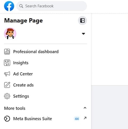 Screenshot of left menu on business page; Facebook Insights