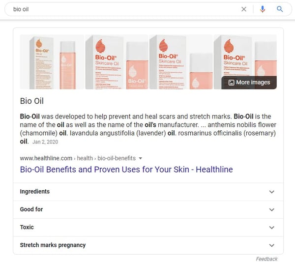 example of featured snippet with accordion for the query 'bio oil' with expanding accordion boxes for additional categories such as ingredients