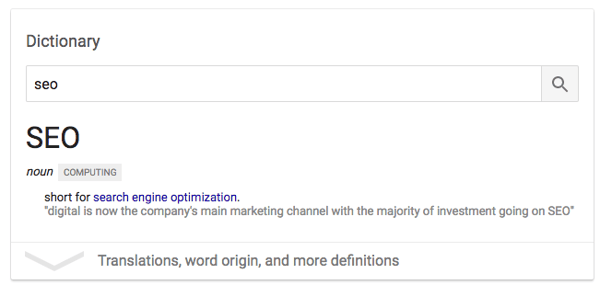 example of a rich answer featured snippet displaying the dictionary definition for 'seo'