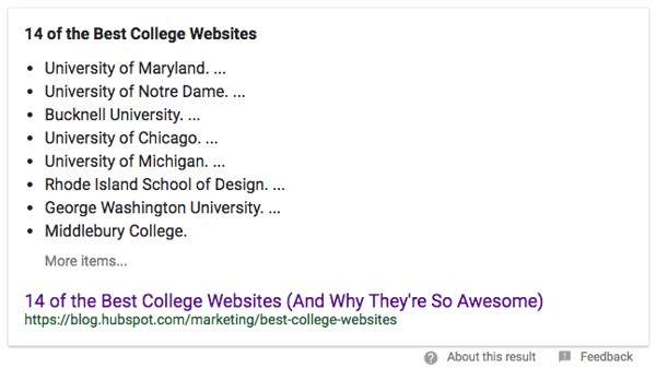 example of a featured list snippet that provides a list for the query 'best college websites'