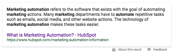 example of a paragraph featured snippet that shows a long-form answer to the question "what is marketing automation?"