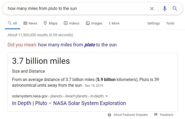 example of a rich snippet answer box for the query 'how many miles from pluto to the sun' and displaying a short bold answer of '3.7 billion miles'
