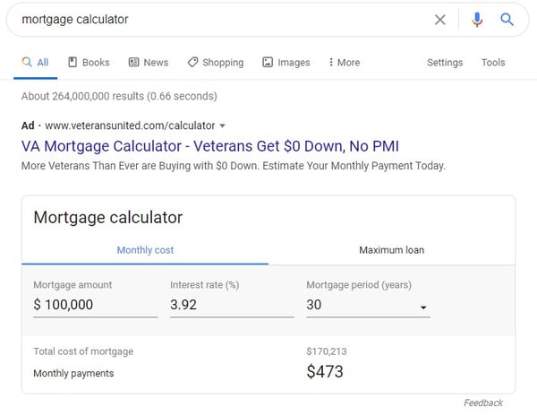 featured snippet that shows an interactive mortgage calculator tool where the user can input their own values and receive a custom output directly on the serp