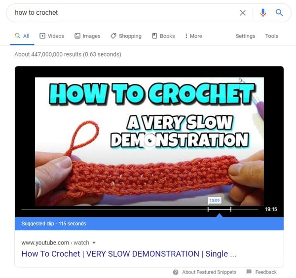example of featured video snippet for the query 'how to crochet'