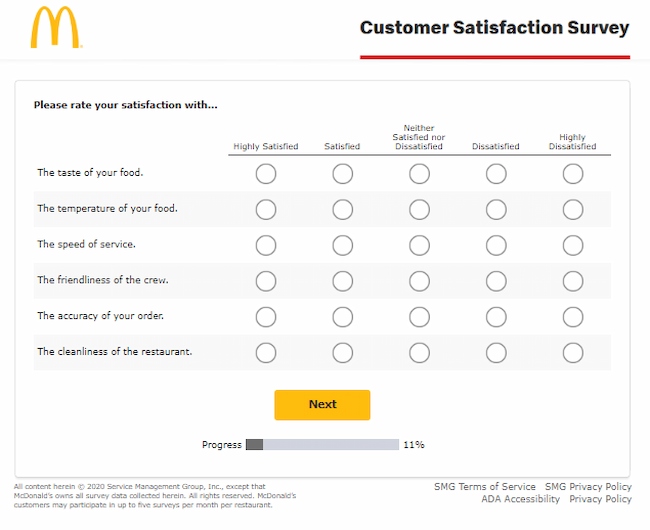 Feedback form example: McDonald's