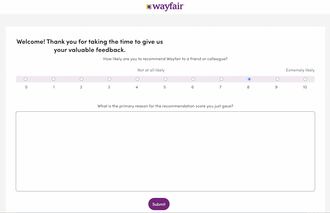 Feedback form example: Wayfair