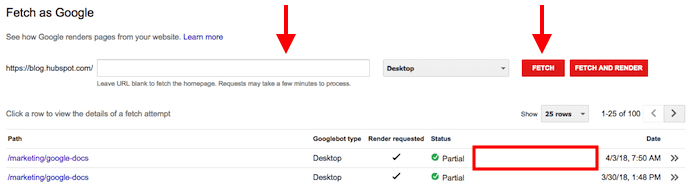 Fetch as Google table in Google Search Console with previous website fetch requests