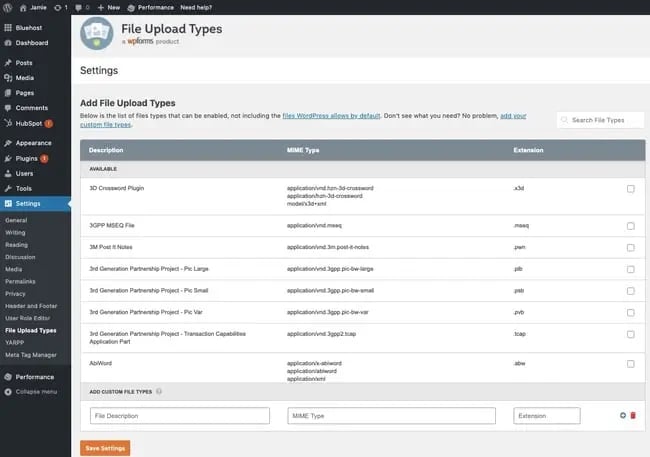 Adding more permitted file types using File Upload Types by WPForms plugin